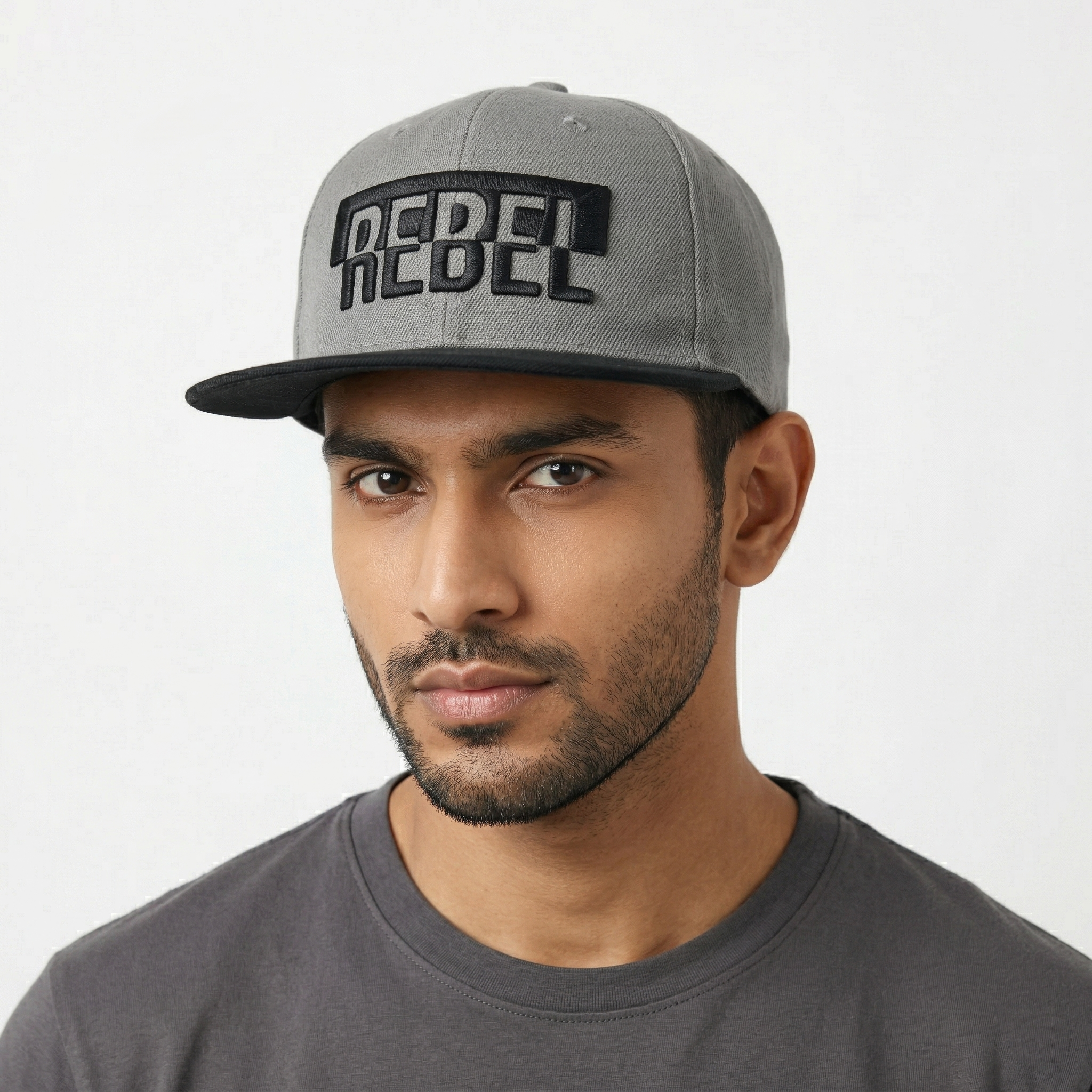 REBEL High-Density Embroidered Snapback – Two-Tone Grey & Black