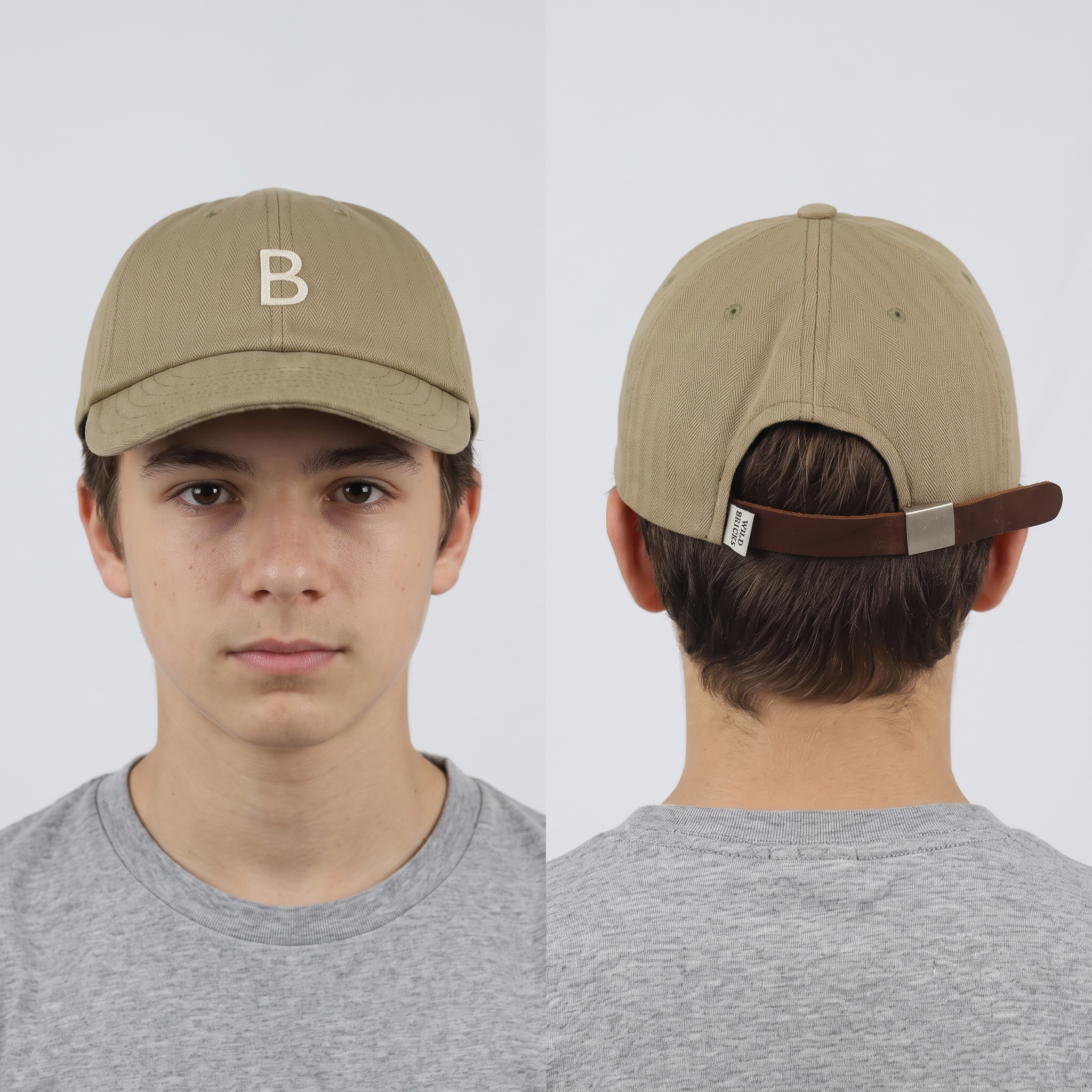 Wild Bricks Casual Cotton Cap - Khaki Thrifted Herringbone Hat with Leather Strap
