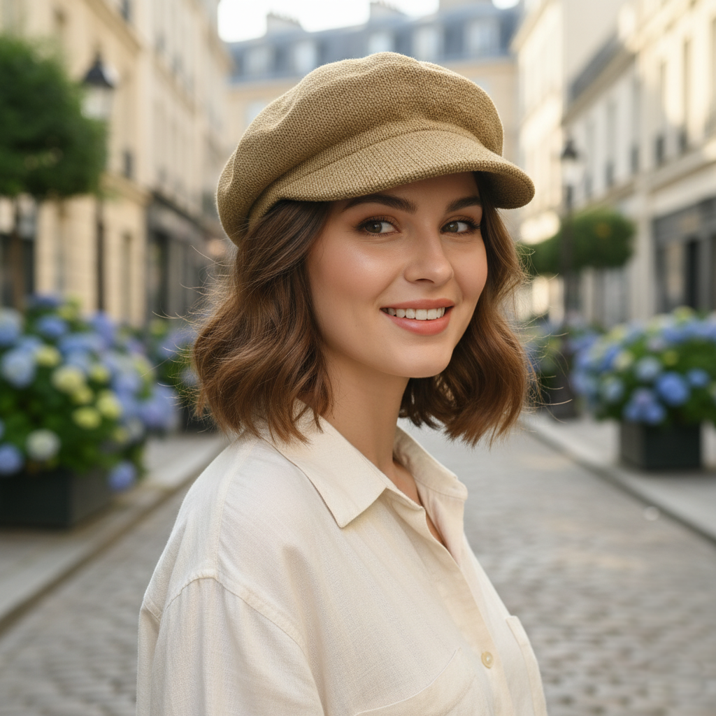 Textured Newsboy Cap with Metal Plaque - Tan
