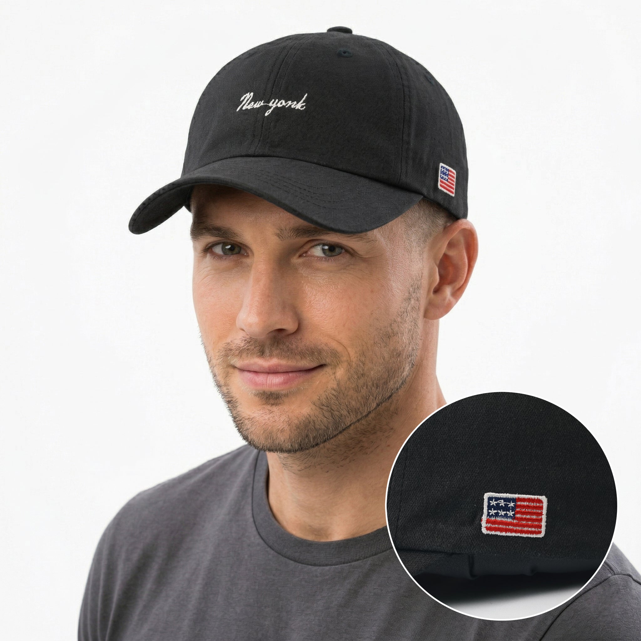 Minimalist Black "New York" Dad Thrifted Hat with USA Flag Detail