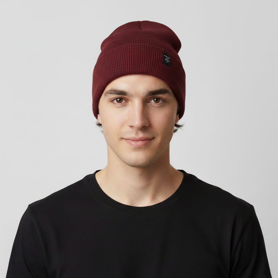 House Accessories Black Ribbed Thrifted Beanie – Minimalist Logo Patch Winter Hat
