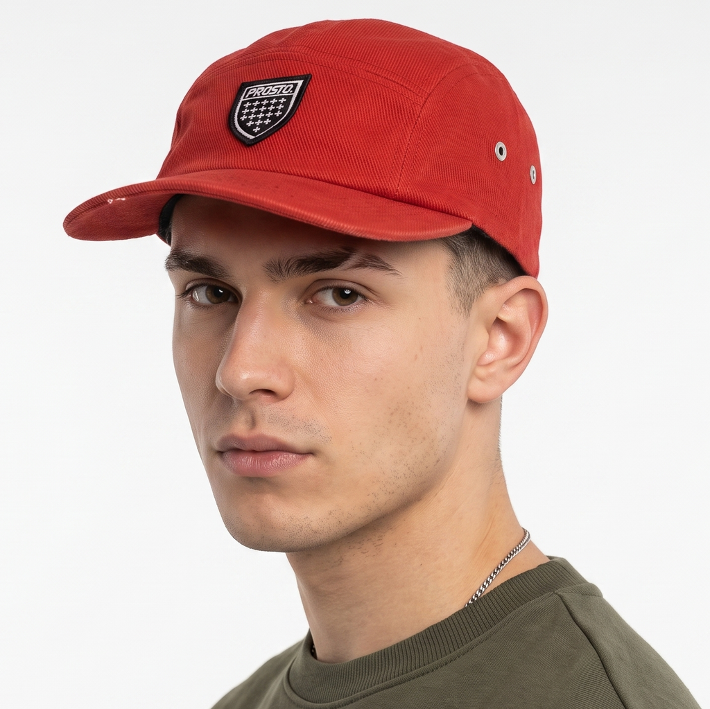 Vintage Prosto Klasyk Red 5-Panel Camp Cap | Streetwear Crest Patch Strapback