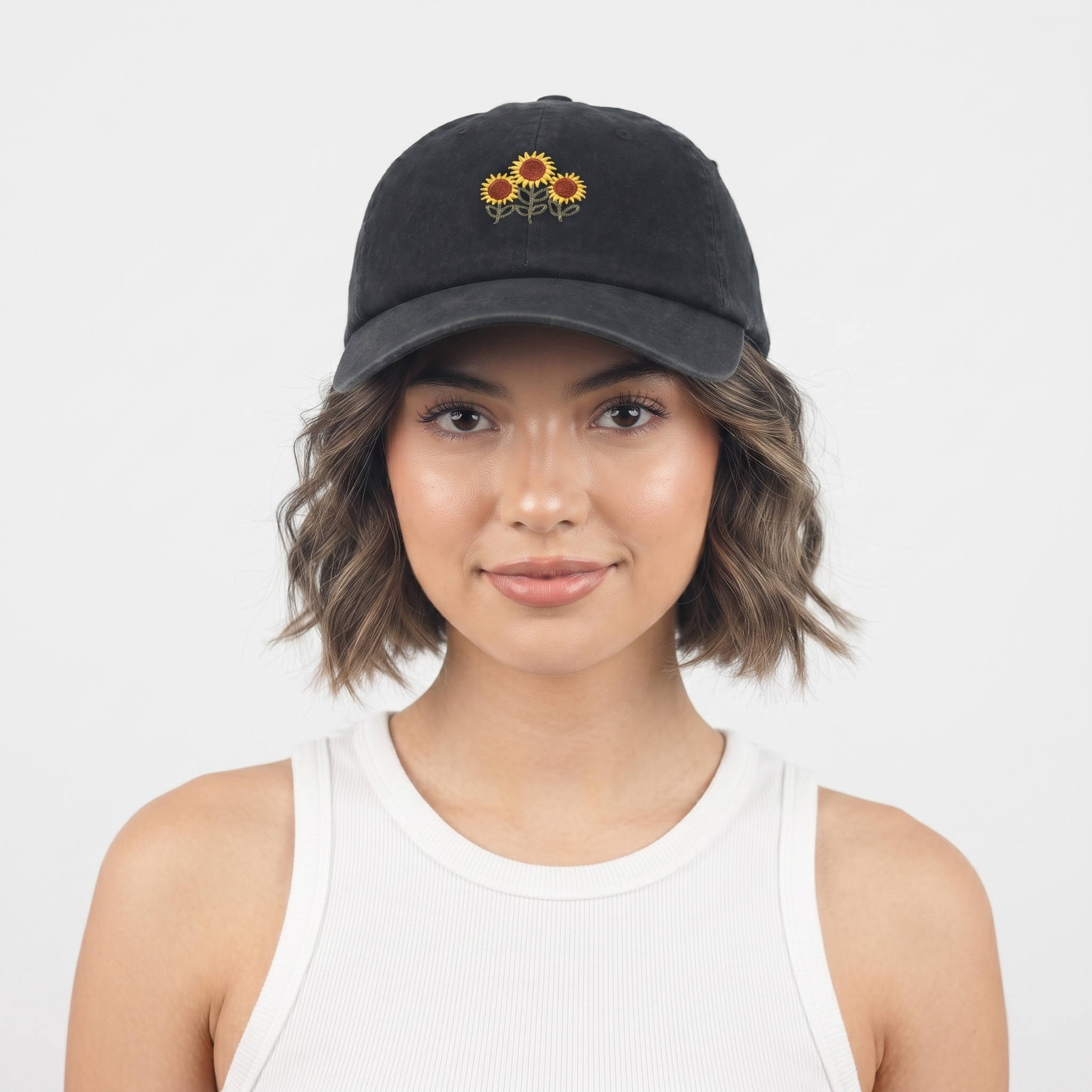Thrifted Ardene Black Sunflower Strapback Cap | Cute Floral Baseball Hat