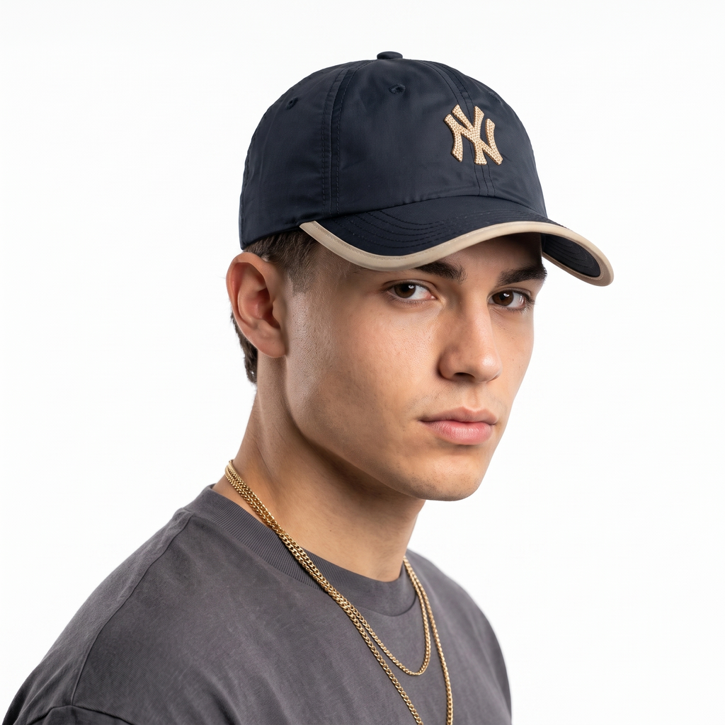 Thrifted Black Lightweight Windbreaker NY Embroidered Strapback Cap | 10059