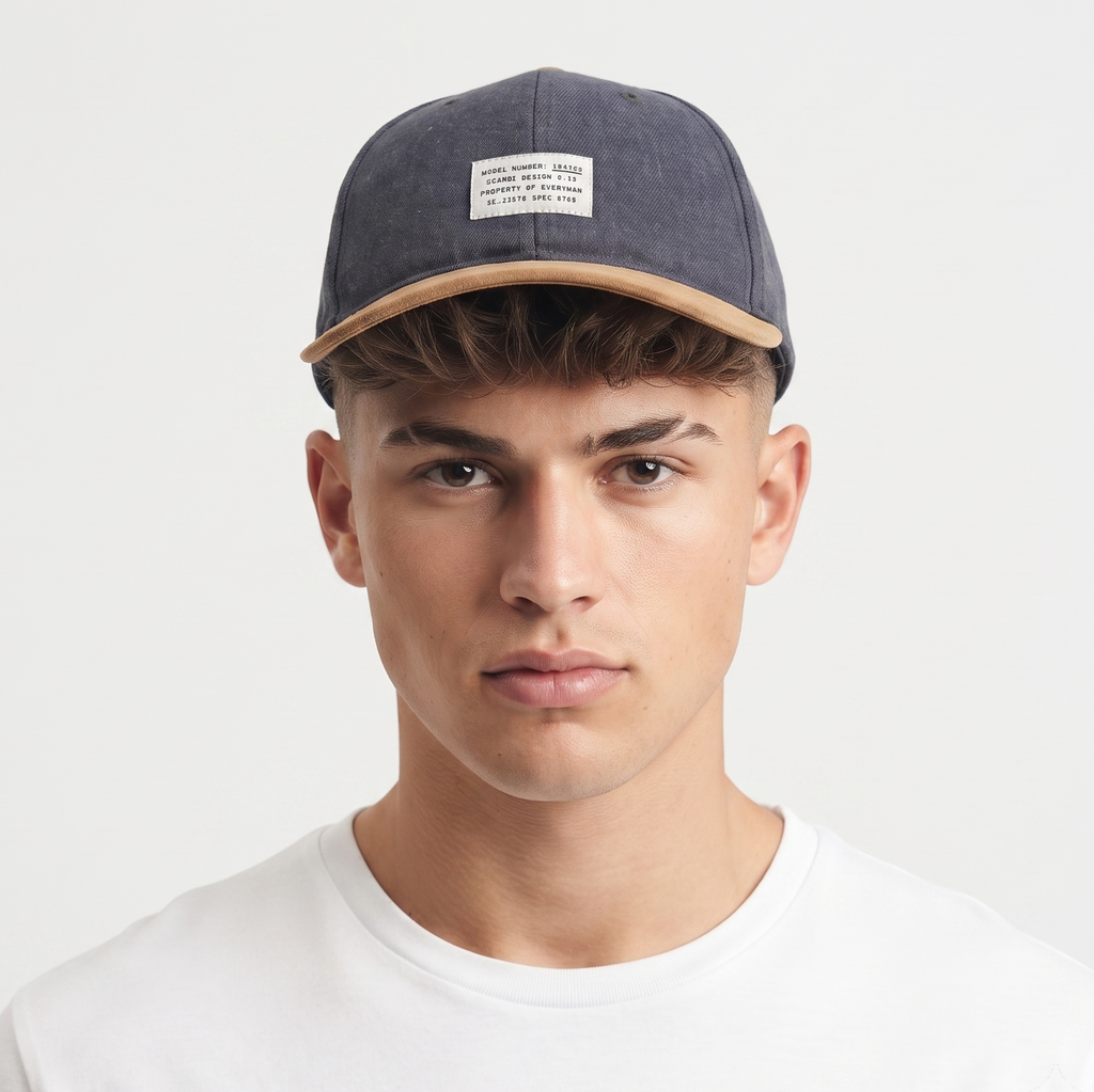 Thrifted H&M Scandi Design Patch Navy Snapback | Suede Visor Streetwear Cap