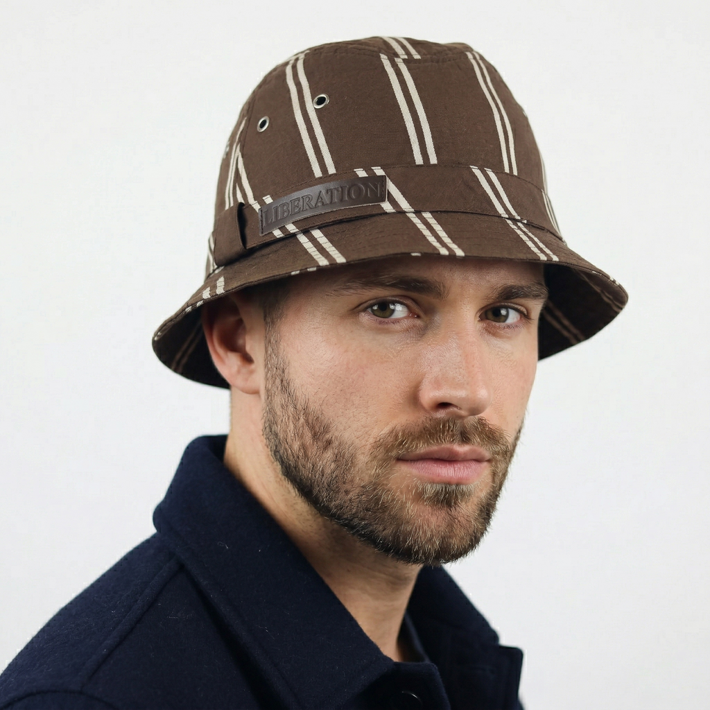 Vintage Liberation Striped Thrifted Bucket Hat | Brown & Beige Utility Sun Hat