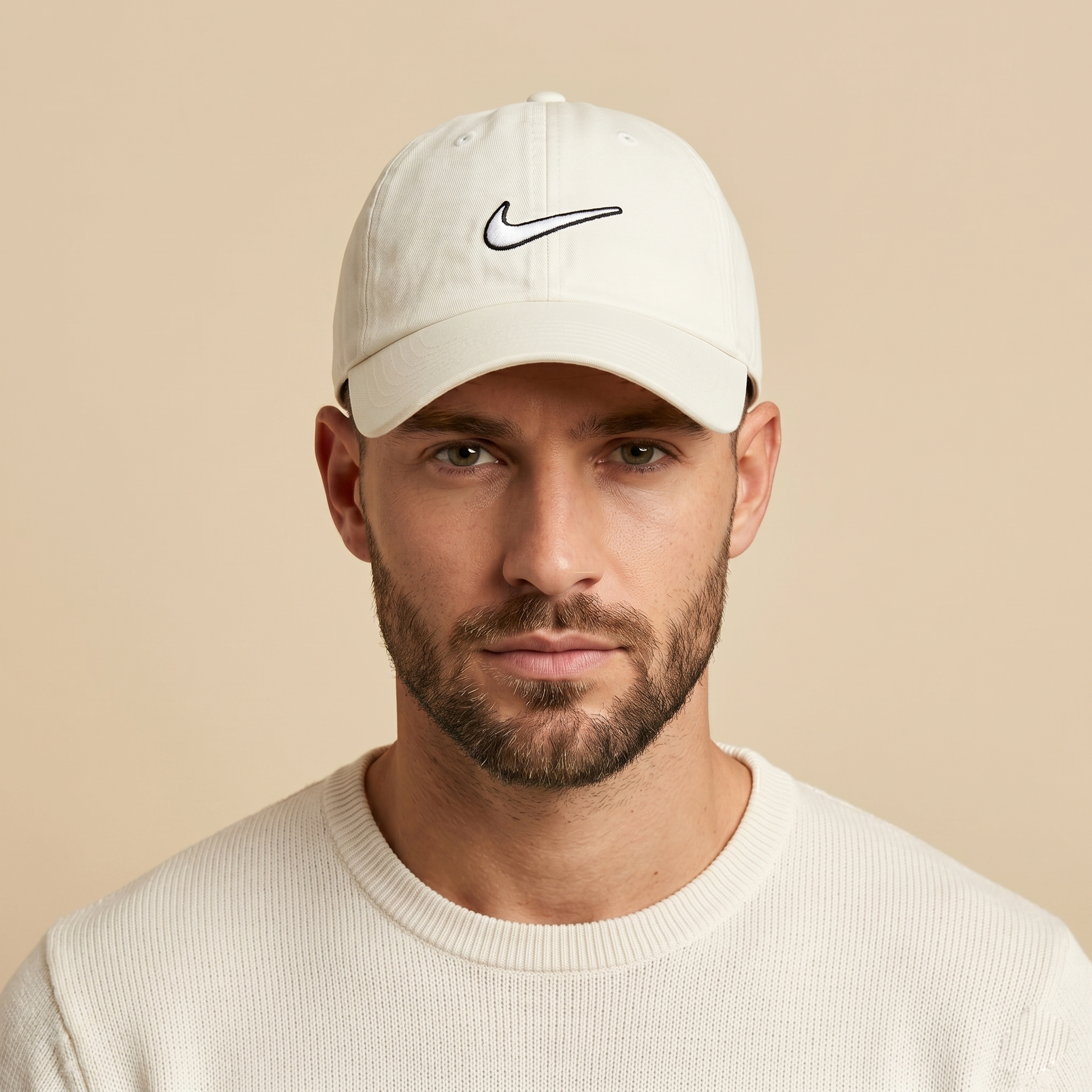 Nike unstructured Cream Dad Hat with Black Outline Thrifted Swoosh
