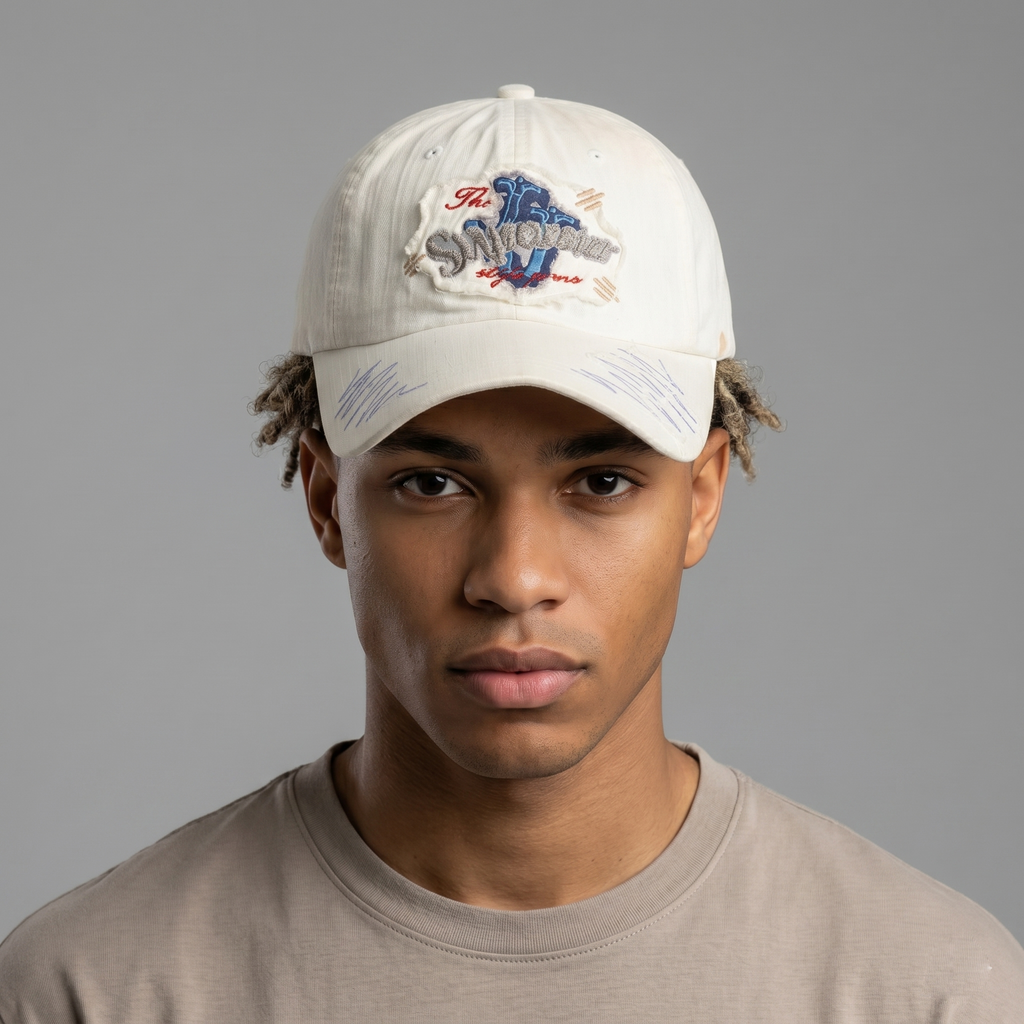 Thrifted Y2K Style Distressed Graphic Cream Dad Hat