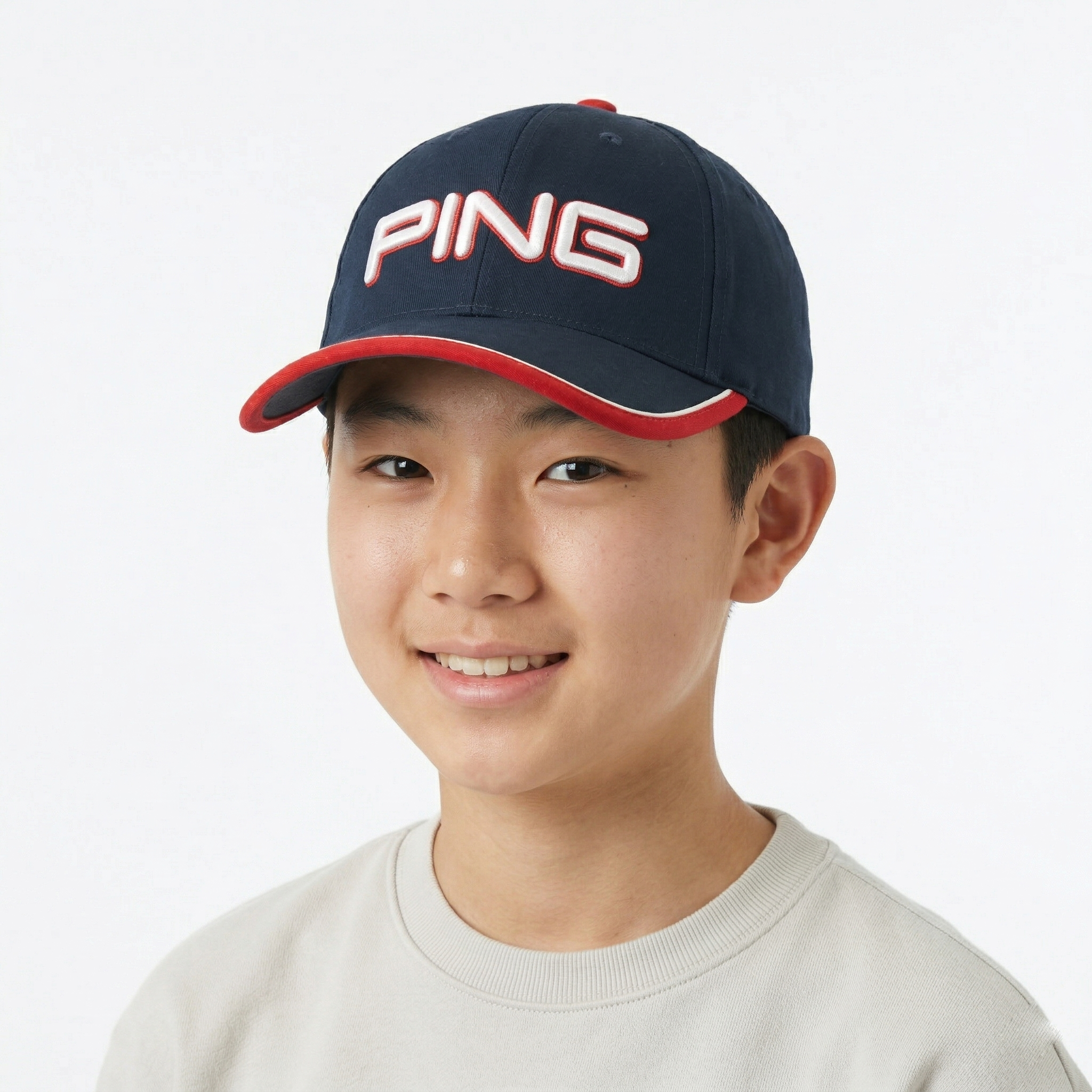 PING Sports Navy Blue Baseball Thrifted Cap - White & Red 3D Embroidery
