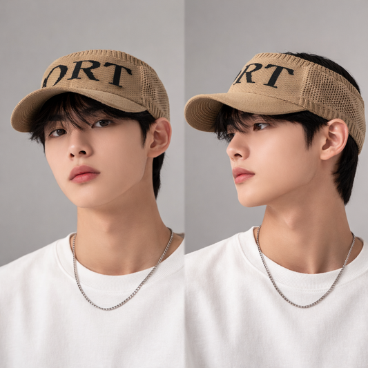 Knit Athletic Sun Visor - Tan Brown with "SPORT" Text - One Size