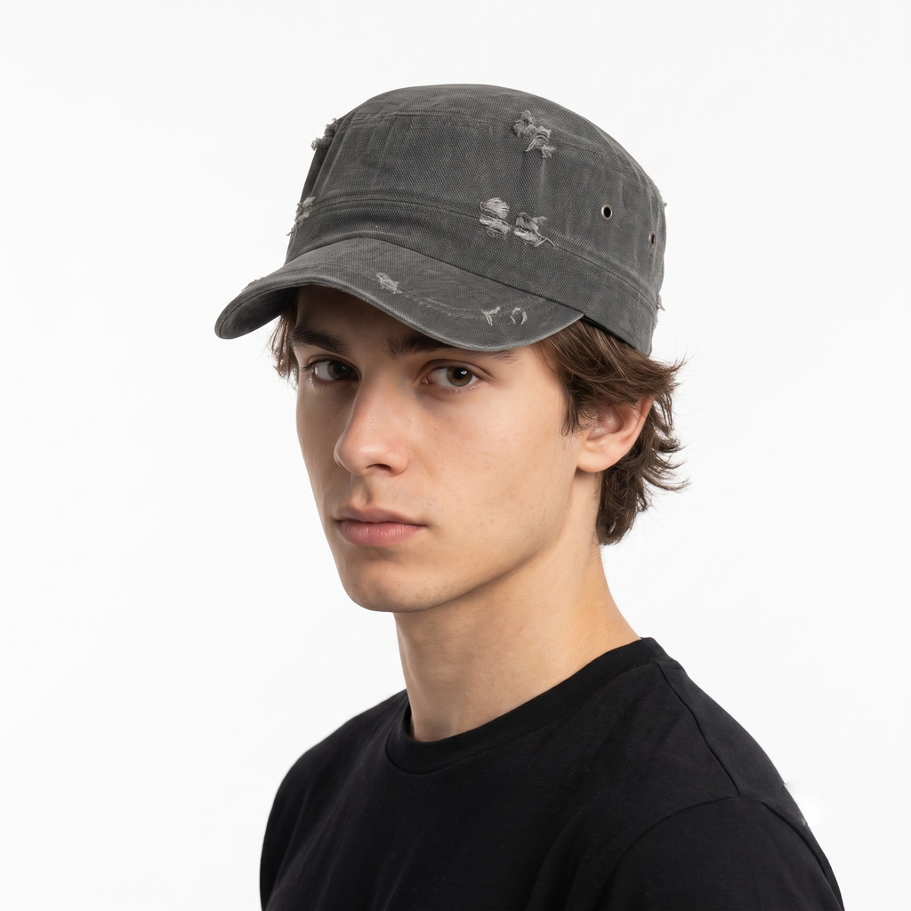 Thrifted Grunge Ripped Military Patrol Hat with Leather Strap | 10220