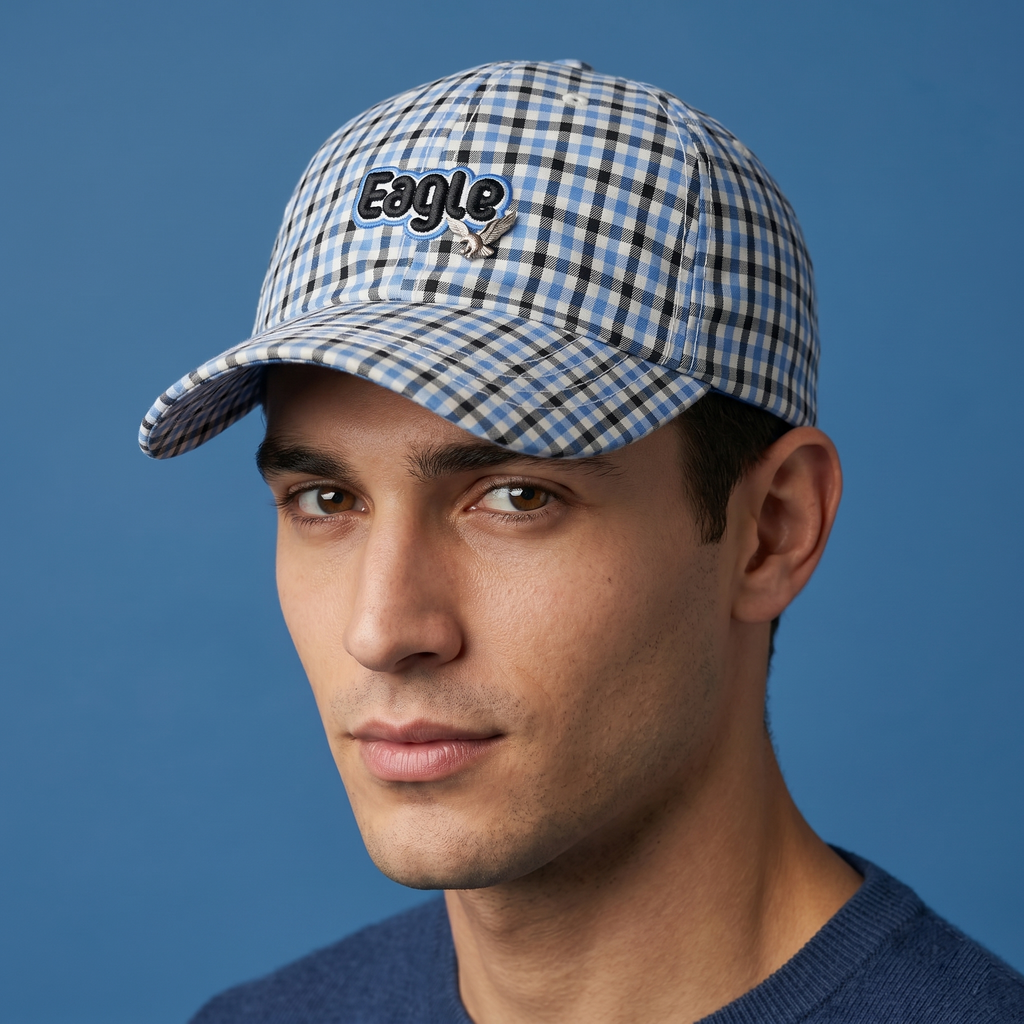 Thrifted V Fashion Eagle Checkered Cap with Metallic Eagle Pin