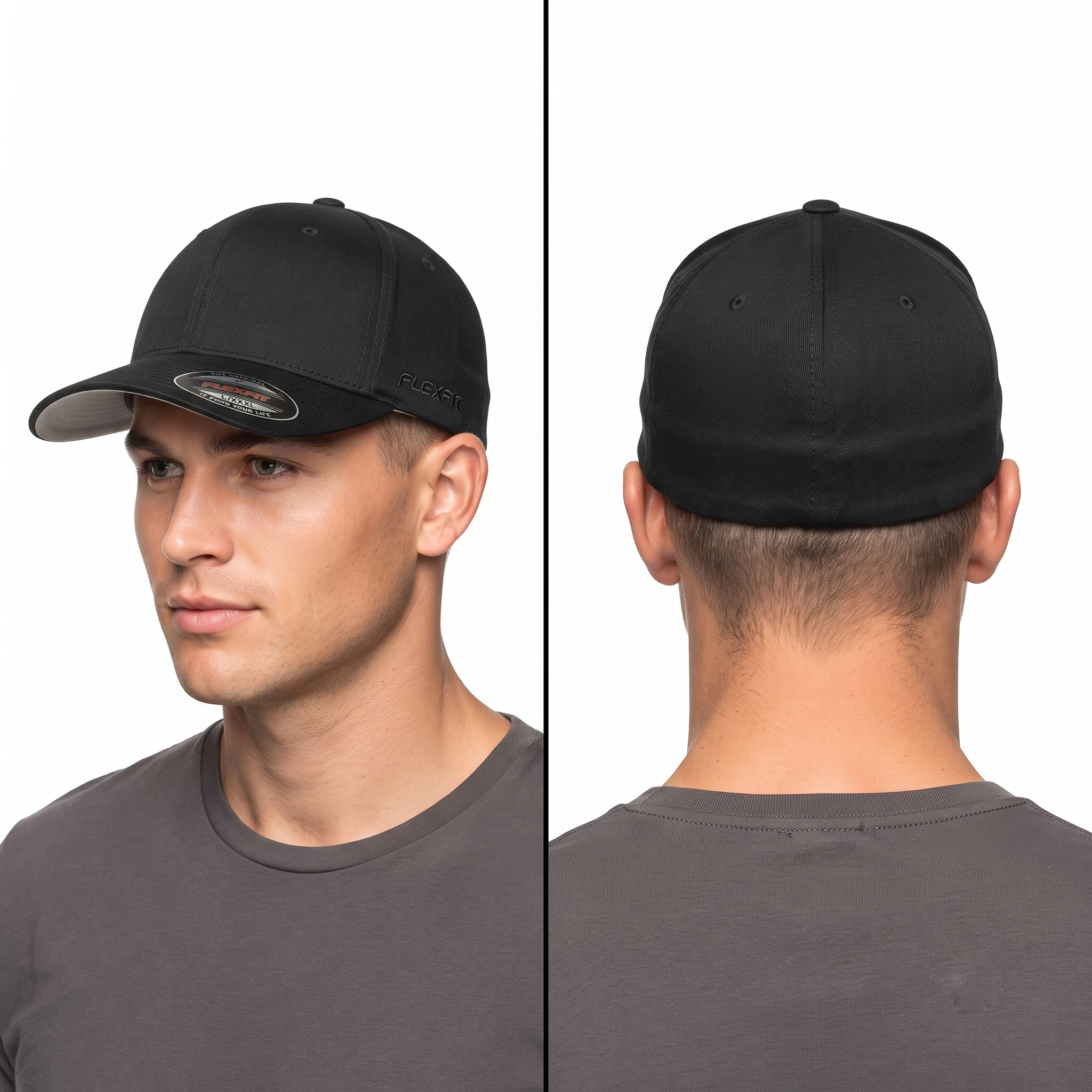 Vintage Flexfit Yupoong Plain Black Fitted Cap | Stretch Fit Big Size Hat