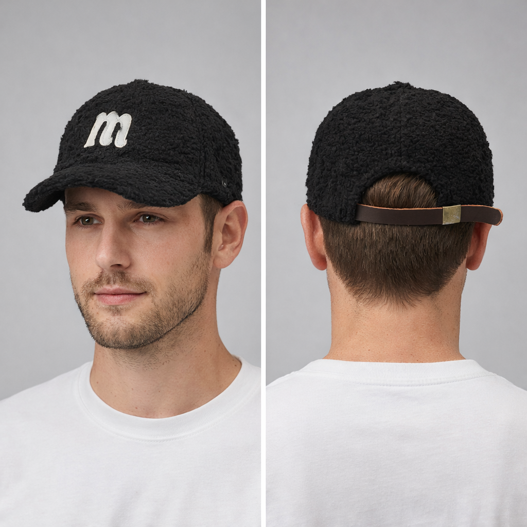 TNC Korea Sherpa Fleece Cap - Cozy Black Winter Hat with Leather Strap