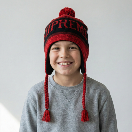 Graphic "Supreme" Text Beanie - Red/Black (Fleece Lined)