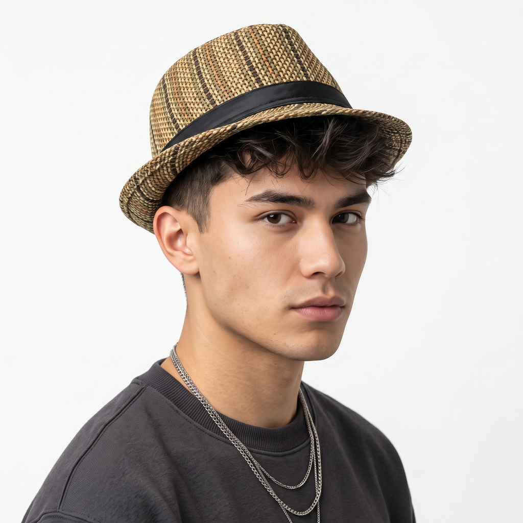 Thrifted Woven Paper Straw Fedora Hat with Black Ribbon Band