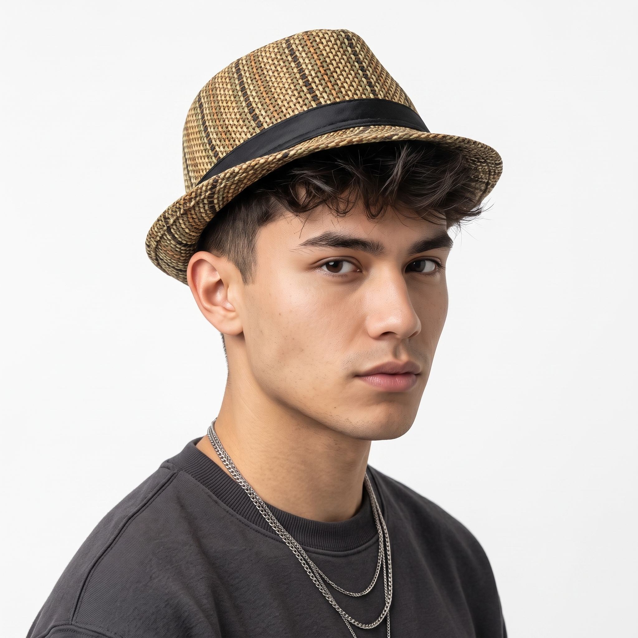 Thrifted Woven Paper Straw Fedora Hat with Black Ribbon Band