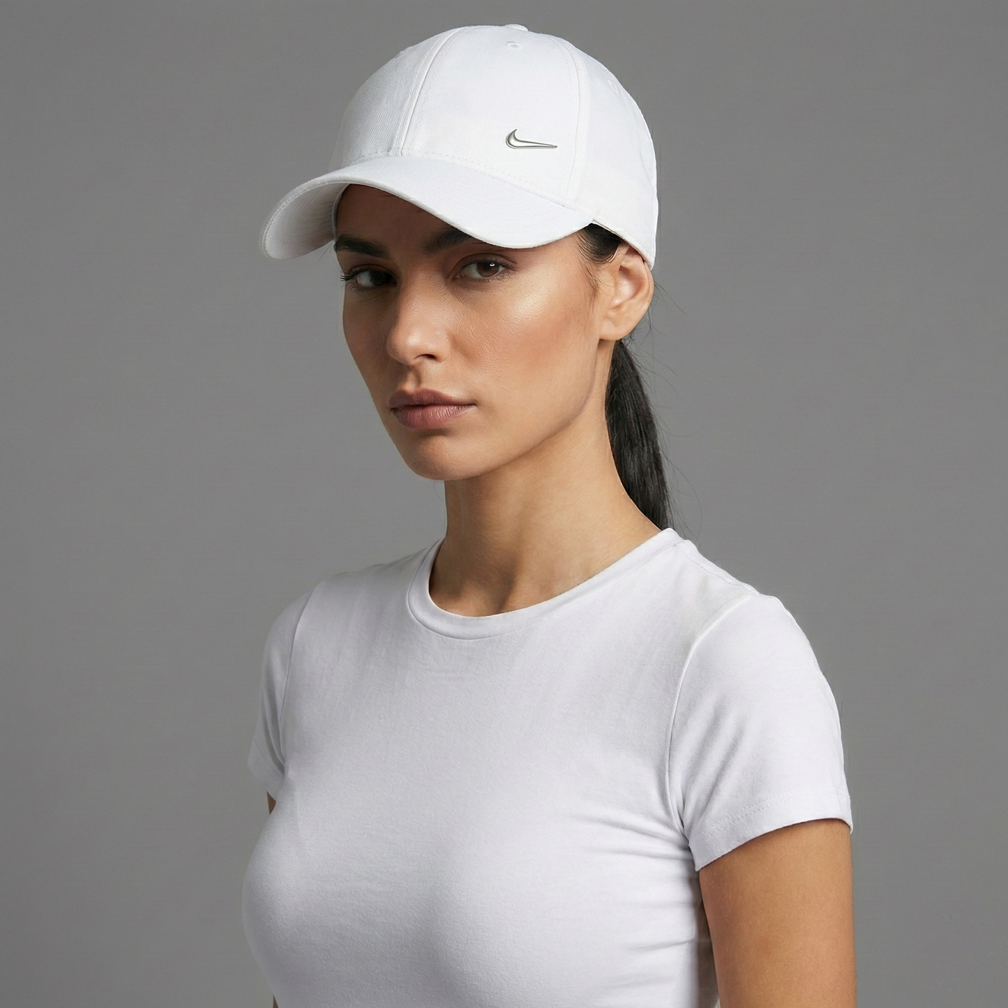 Nike Sportswear Essentials White Dad Thrifted  Hat with Silver Metal Swoosh