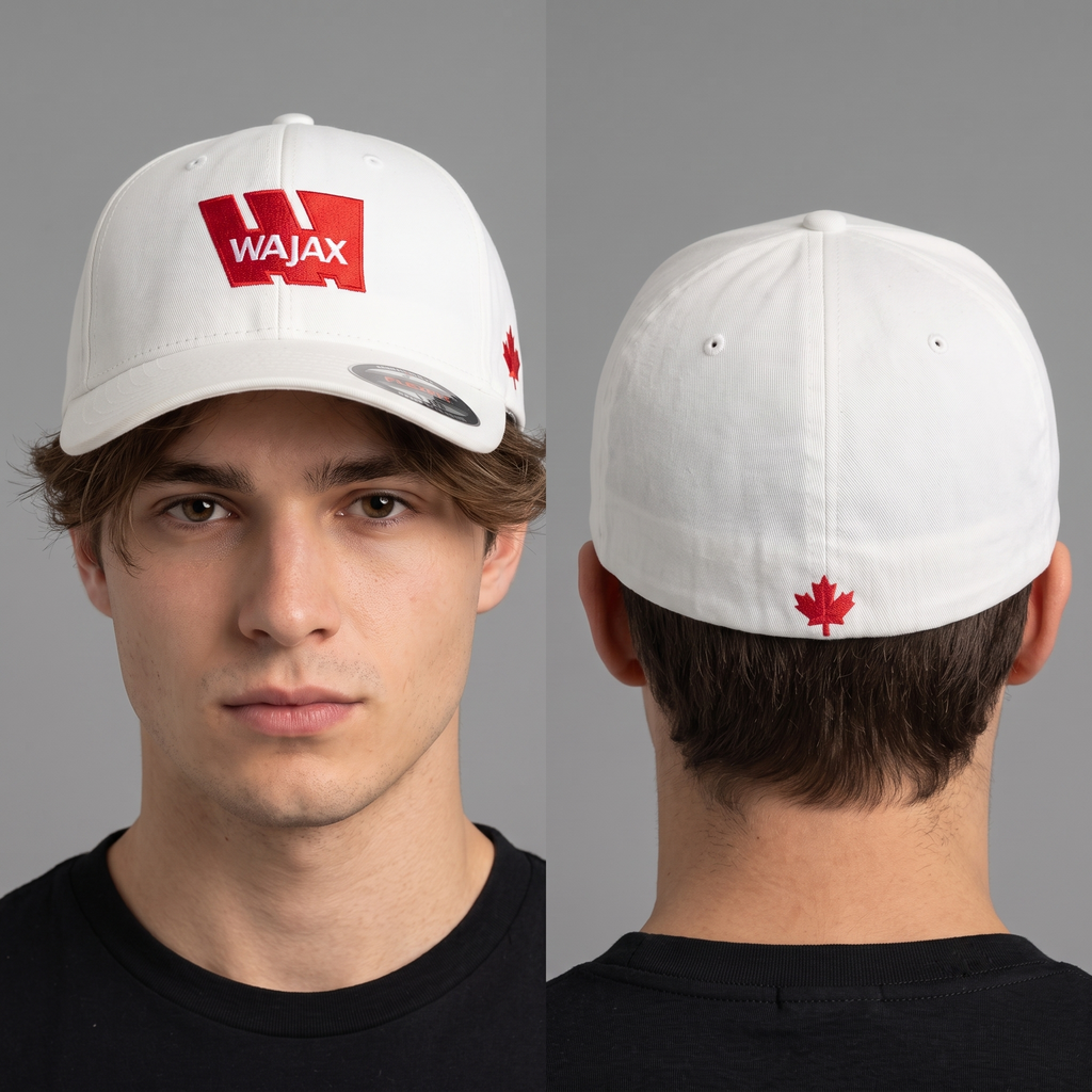 Classic Wajax Corporate Promo Cap - White & Red Flexfit Hat with Maple Leaf