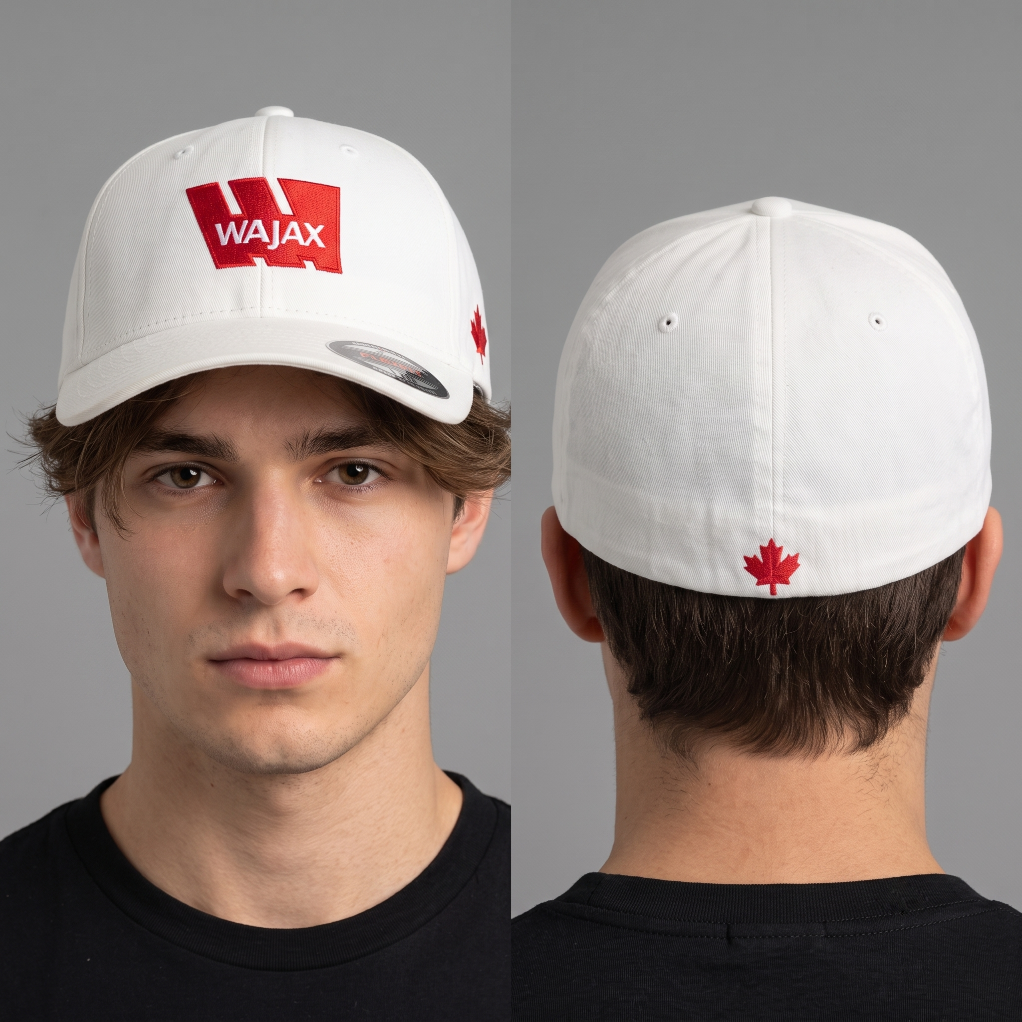 Classic Wajax Corporate Promo Cap - White & Red Flexfit Hat with Maple Leaf