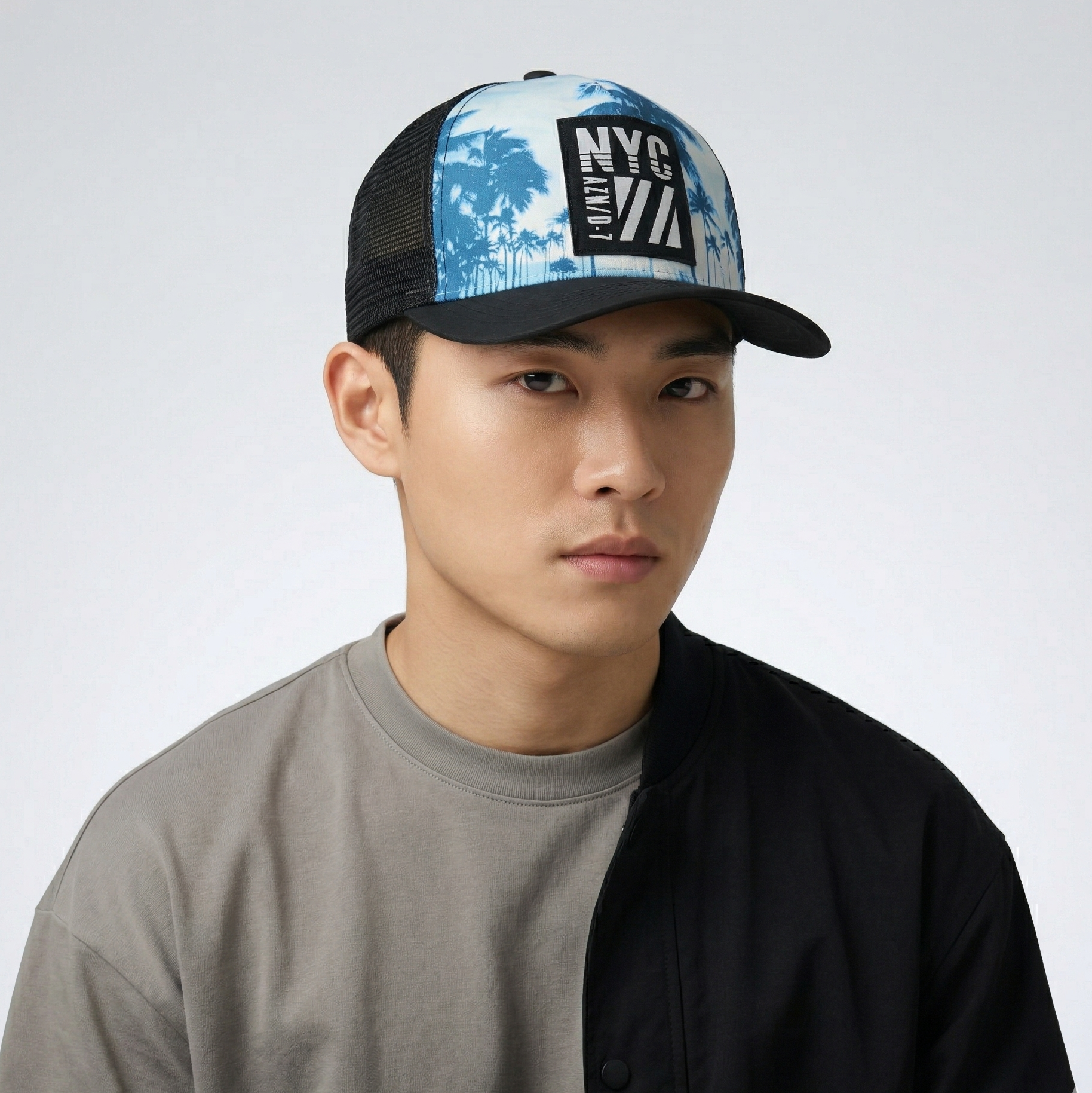 New York City Tropical Palm Graphic Thrifted Cap | Black Mesh Back Hat