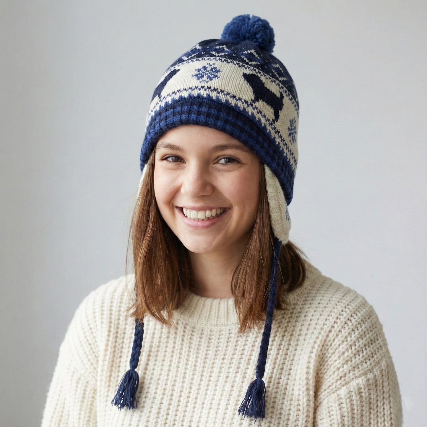 BLUEDOG Kids Earflap Beanie – Navy Nordic Dog Pattern with Warm Fleece Lining