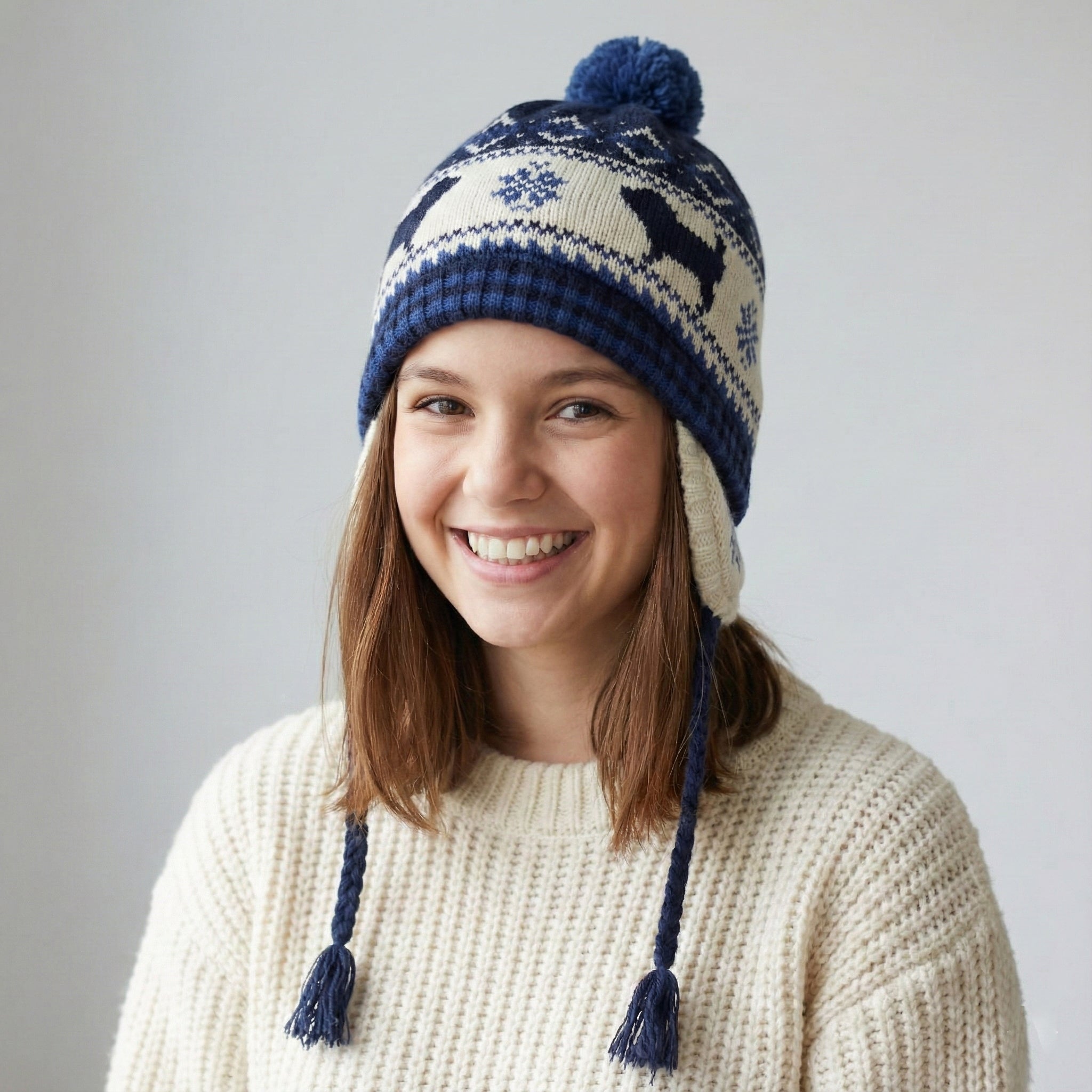 BLUEDOG Kids Earflap Beanie – Navy Nordic Dog Pattern with Warm Fleece Lining
