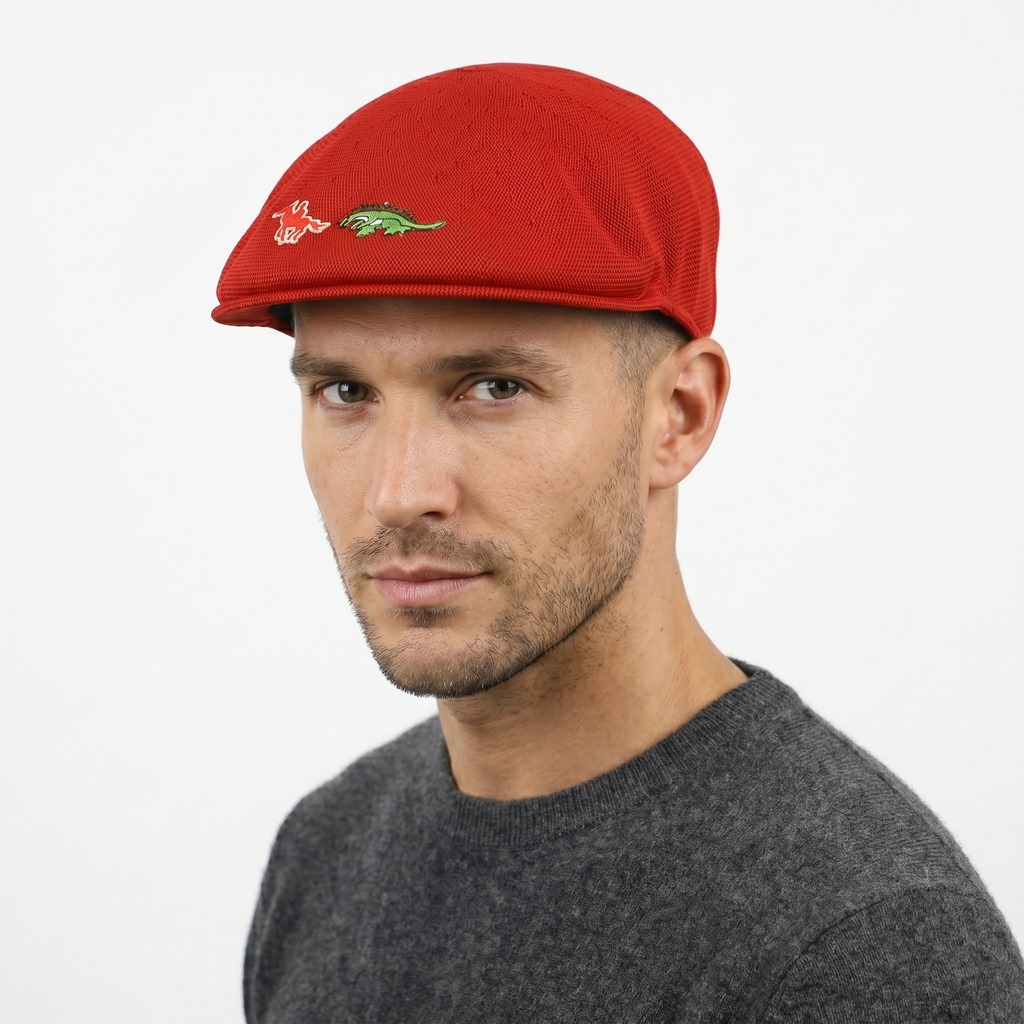 Vintage Red Mesh Knit Ivy Flat Cap – Dinosaur & Horse Patches