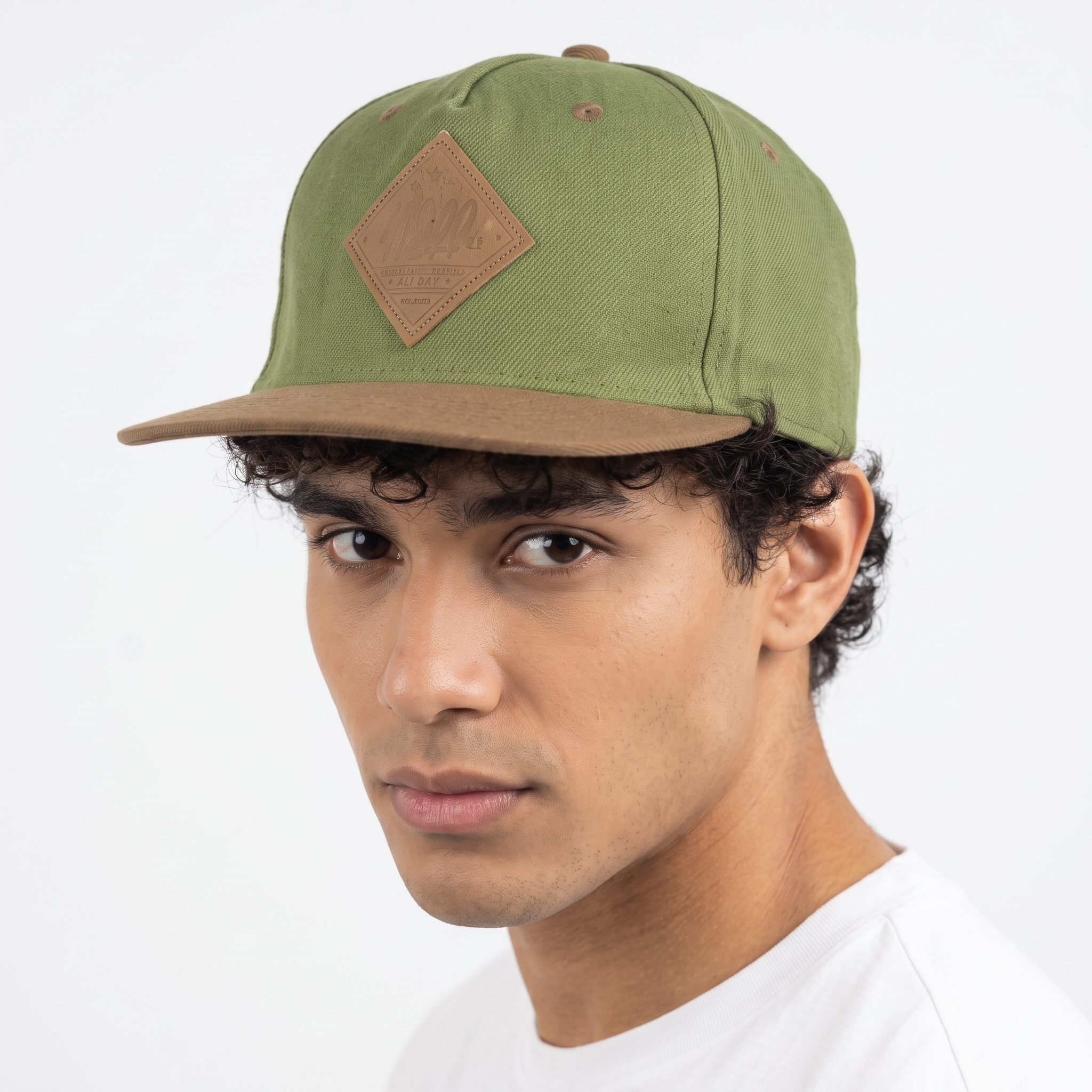Thrifted Neff Two-Tone Olive & Brown Snapback Hat | Faux Leather Logo Cap