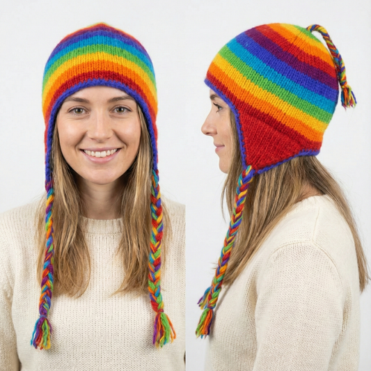 100% Wool Rainbow Earflap Beanie | Handmade in Nepal | Fleece Lined Hippie Hat