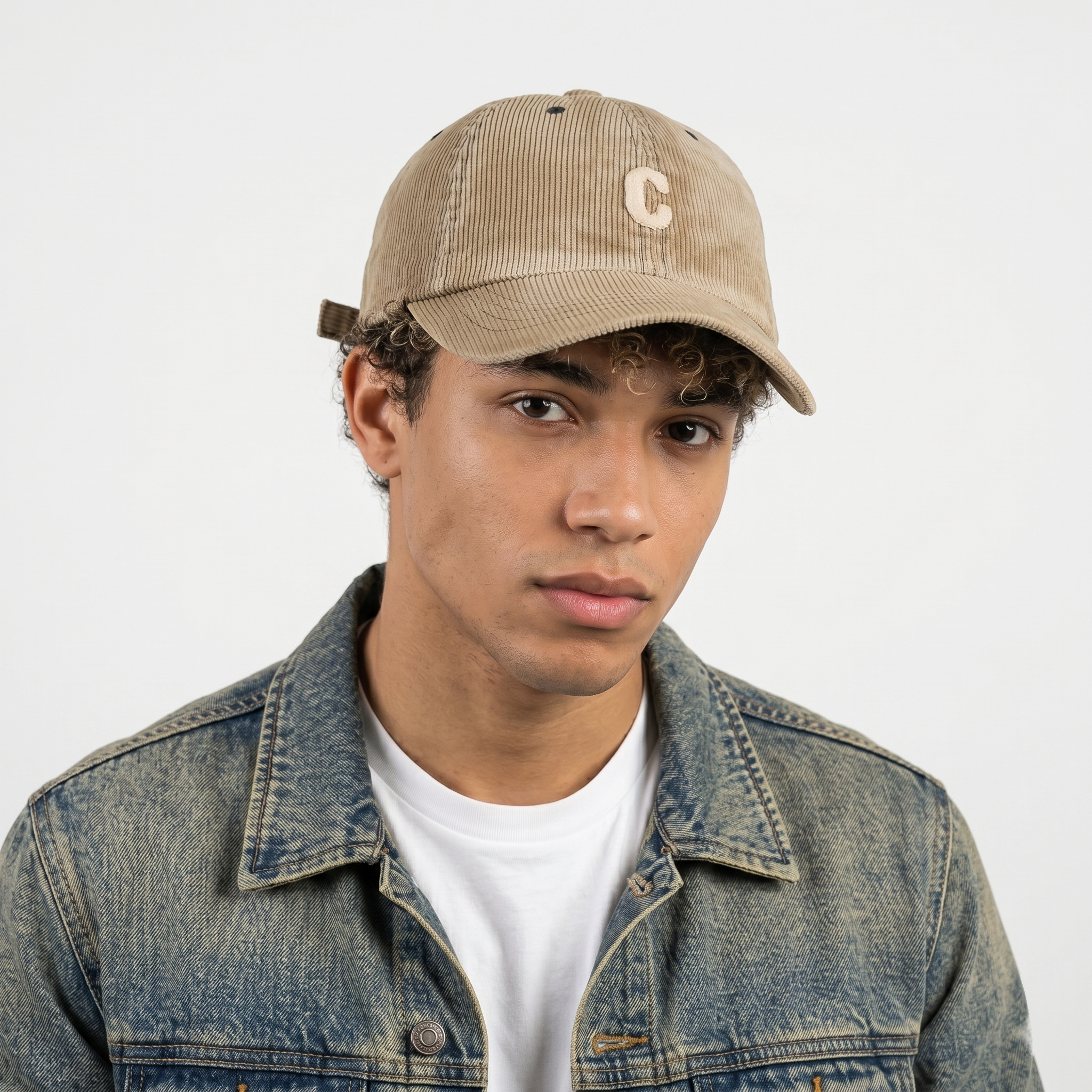 Thrifted Beige Corduroy Baseball Cap | Retro Initial Strapback