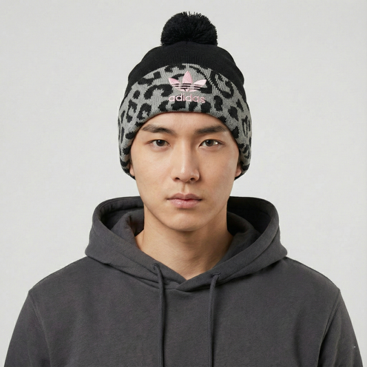 Adidas Adult Unisex Leopard Print Pom Thrifted Beanie - Black and Grey Winter Hat