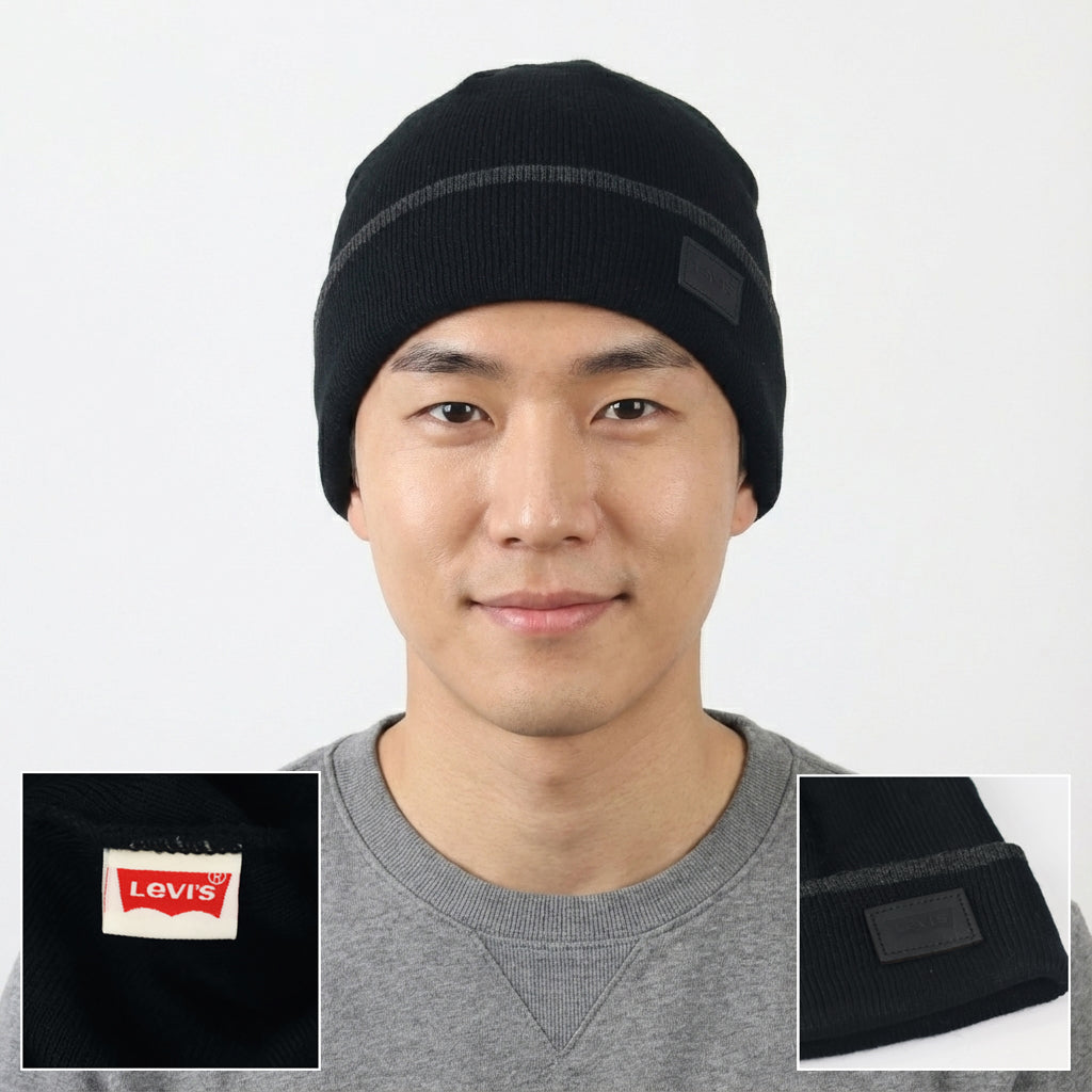 Levi's Classic Black Ribbed  Thrifted Beanie with Signature Red Tab Logo