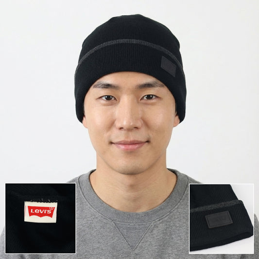 Levi's Classic Black Ribbed  Thrifted Beanie with Signature Red Tab Logo