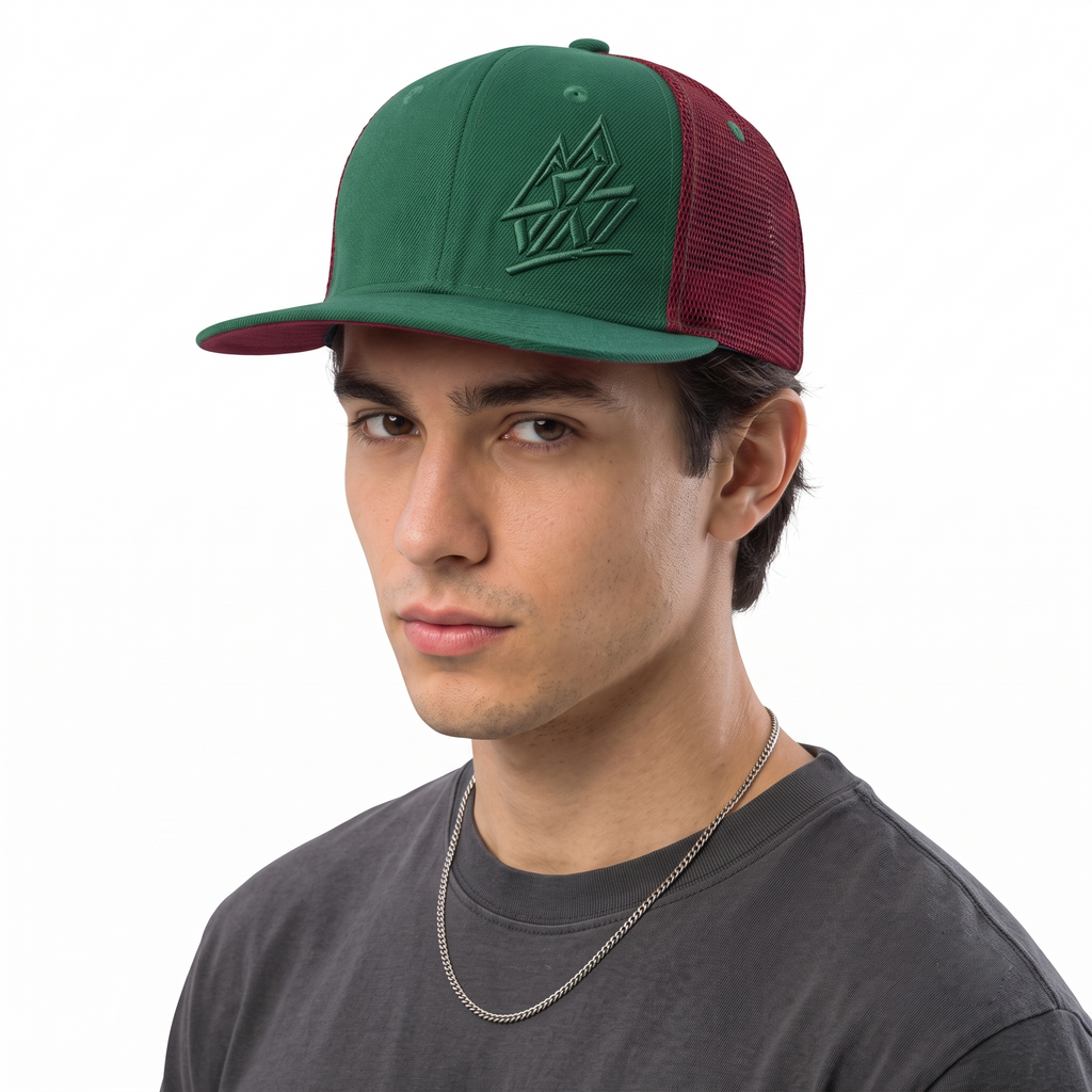 Thrifted Two-Tone Green Burgundy Mesh Snapback Cap (57-58cm) | 10517