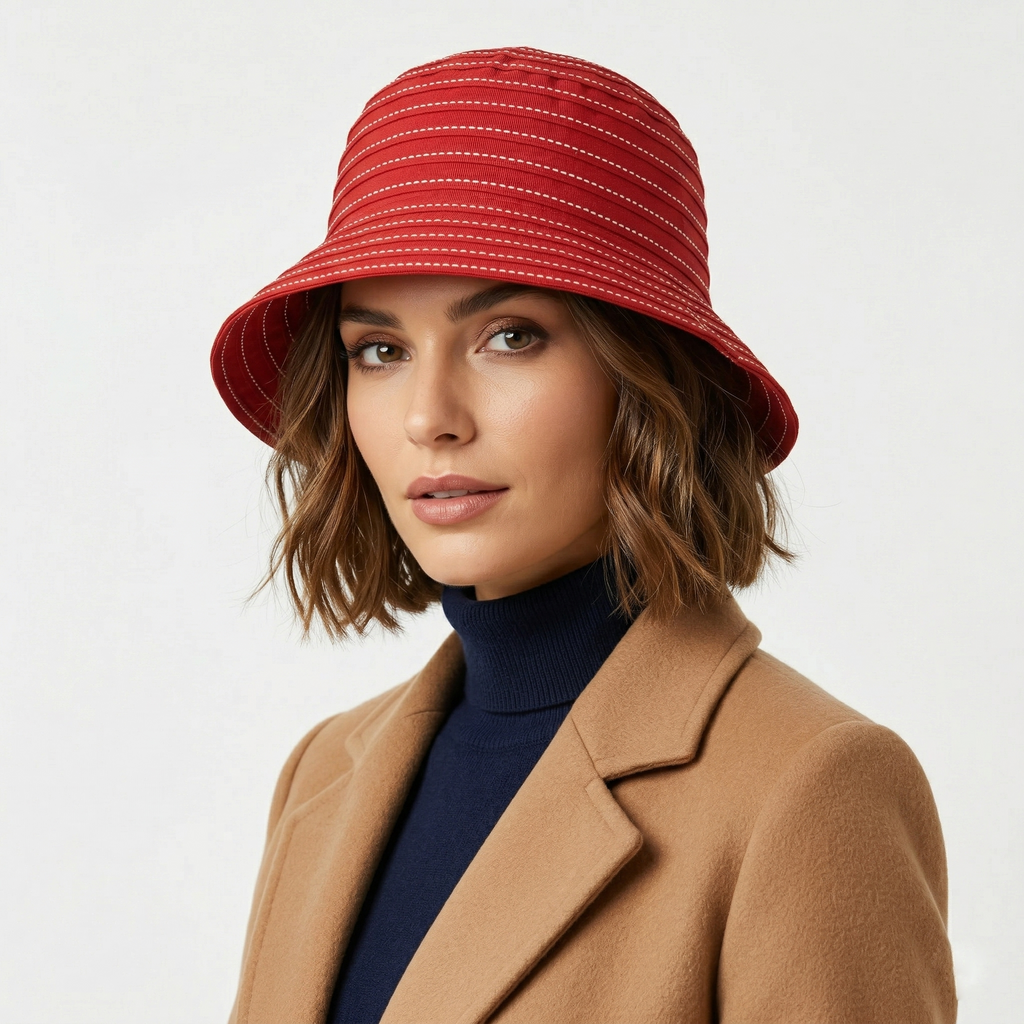 Vintage Red Ribbed Bucket Hat - One Size 57cm