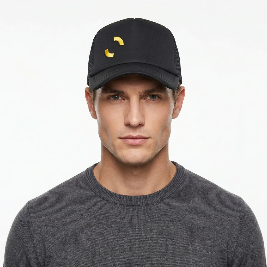 Retro Streetwear Mesh Back Cap - Black & Yellow Minimalist Hat