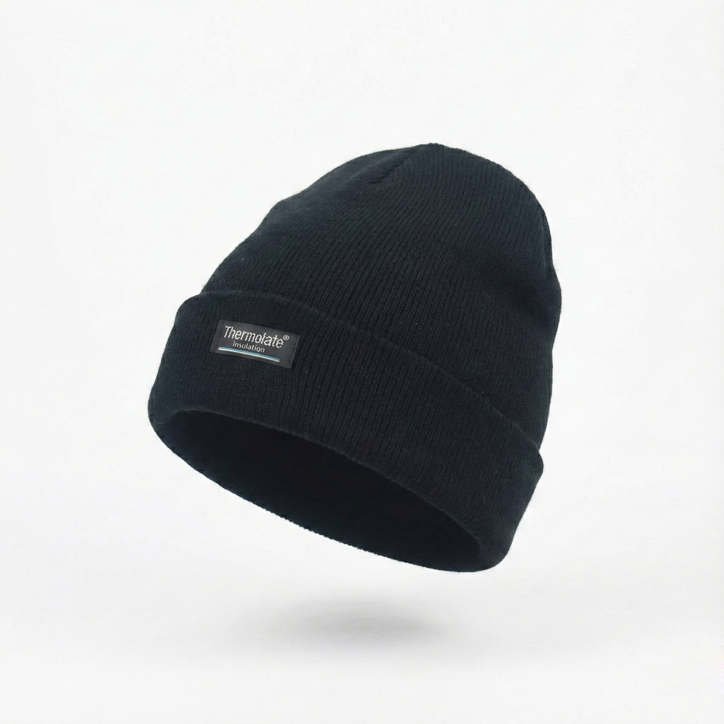 Unisex Black Thermal Insulated Thrifted Winter Cap - Warm Acrylic Knit Beanie