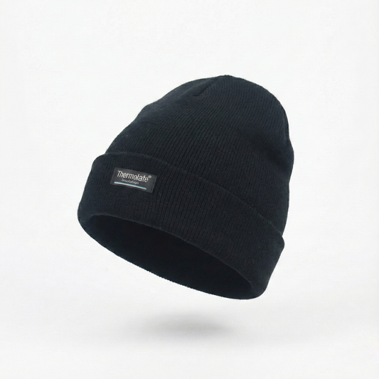 Unisex Black Thermal Insulated Thrifted Winter Cap - Warm Acrylic Knit Beanie