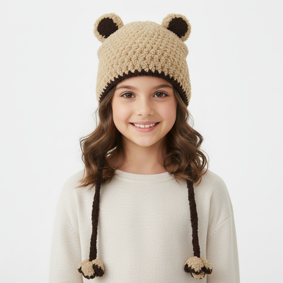 Cute Teddy Bear Fleece Cap with Ear Flaps & Flower Poms - Warm Kids Headwear