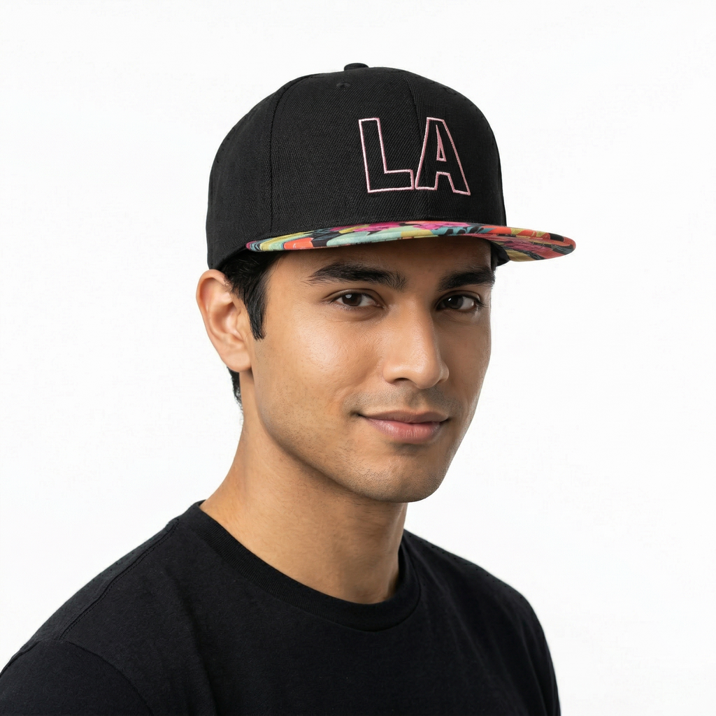 LA Embroidered Snapback Thrifted Hat – Black with Tropical Floral Brim