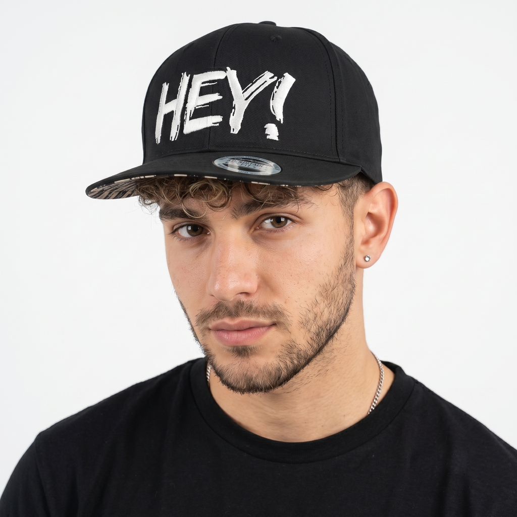 Thrifted "HEY!" Statement Black Snapback Cap | Streetwear Flat Brim Hat