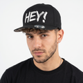 Thrifted "HEY!" Statement Black Snapback Cap | Streetwear Flat Brim Hat