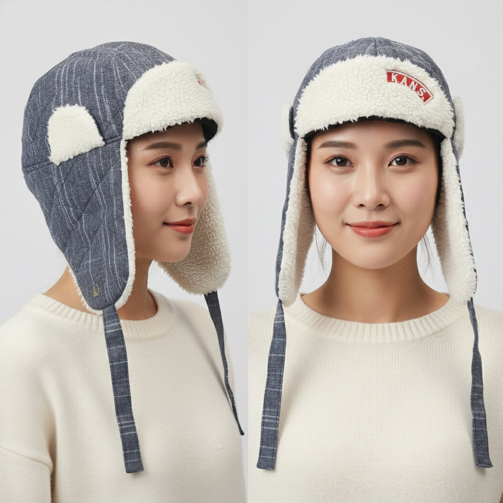 KANS Blue Quilted Trapper Hat with White Faux Fur Lining - Winter Earflap Cap