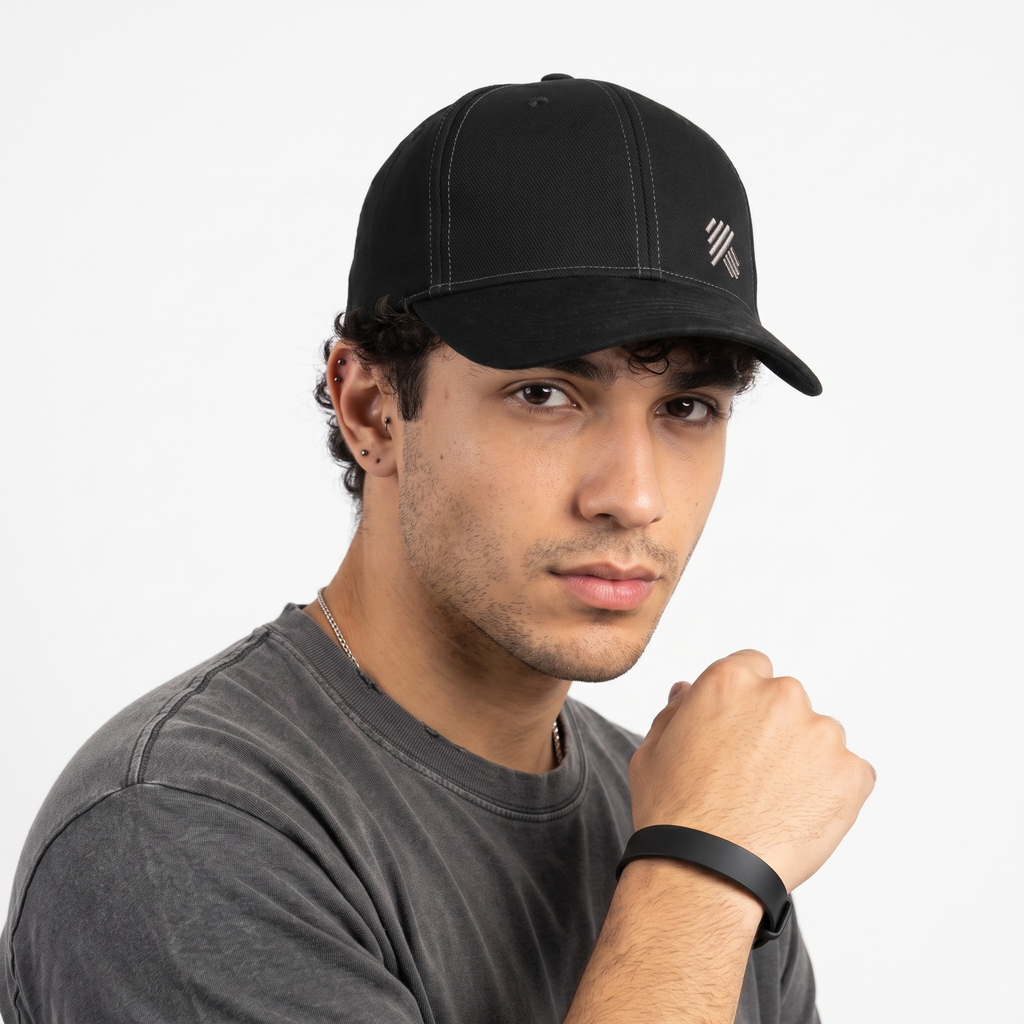 Thrifted Hornbach German Workwear Black Cotton Cap | Geometric Embroidered Hat