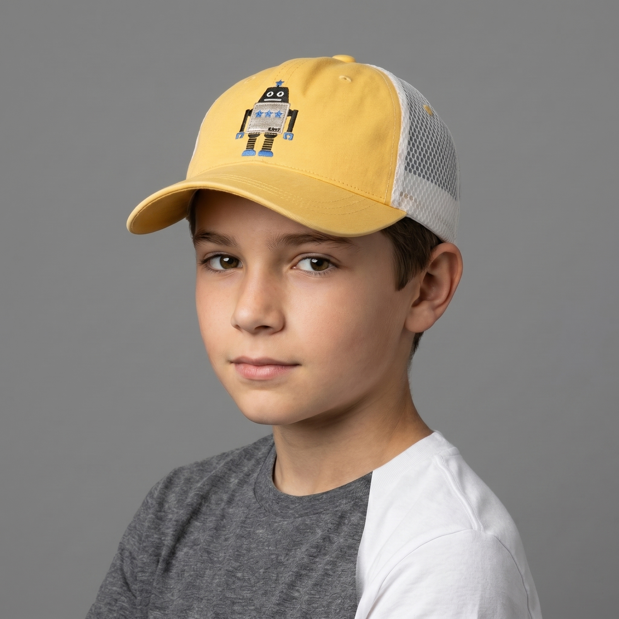 R:Robot Yellow Graphic Trucker Baseball Thrifted Hat