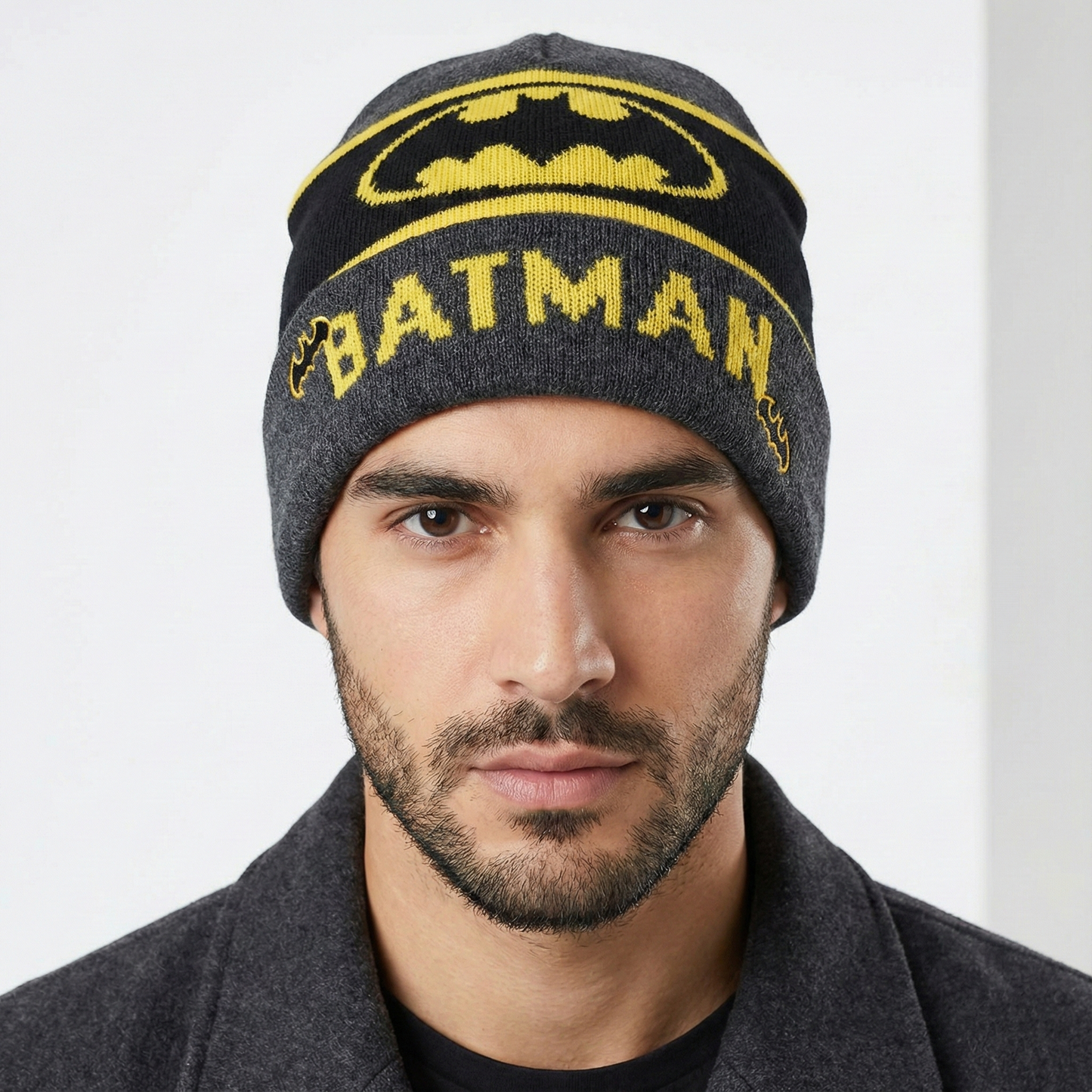 DC Comics Batman Logo Winter Thrifted Beanie - Black Knit Cuffed Hat