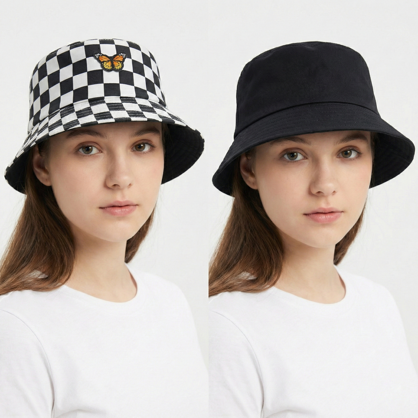 2-in-1 Monochrome Checkerboard & Butterfly Print Bucket Thrifted  Hat - Unisex