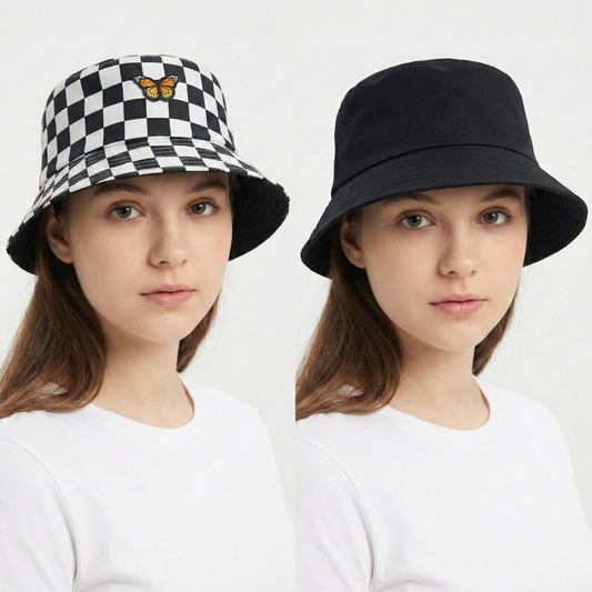 2-in-1 Monochrome Checkerboard & Butterfly Print Bucket Thrifted  Hat - Unisex