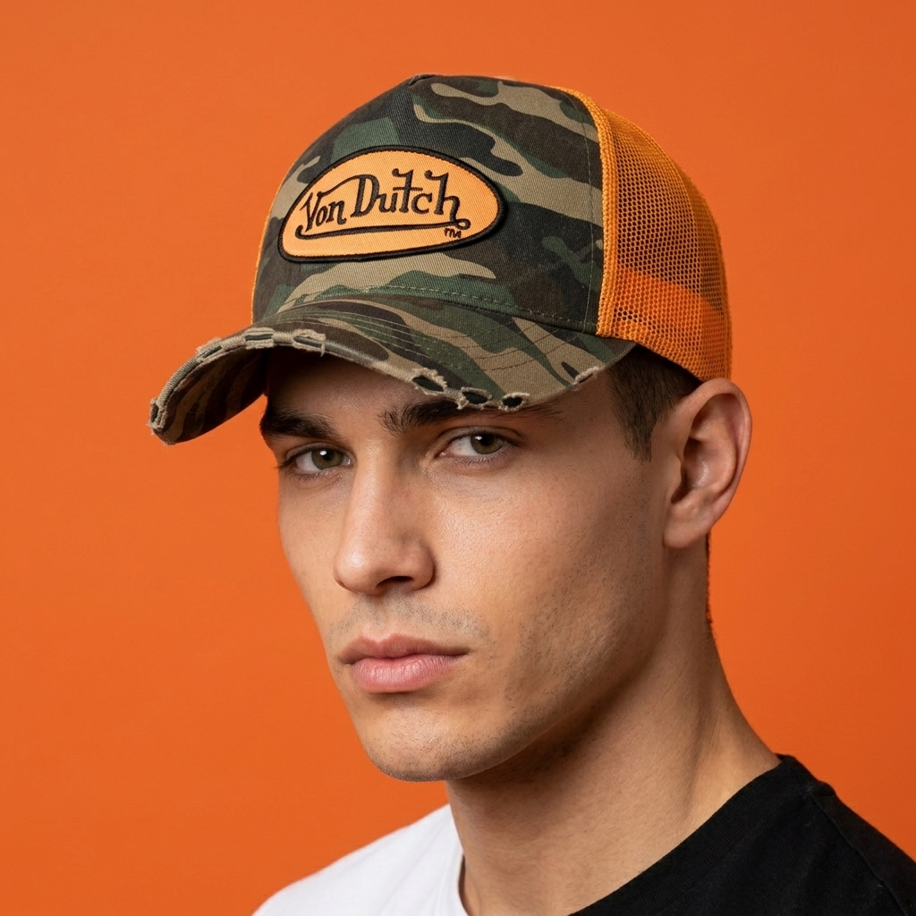 Vintage Von Dutch Camo Trucker Thrifted Hat | Orange Mesh Distressed Cap